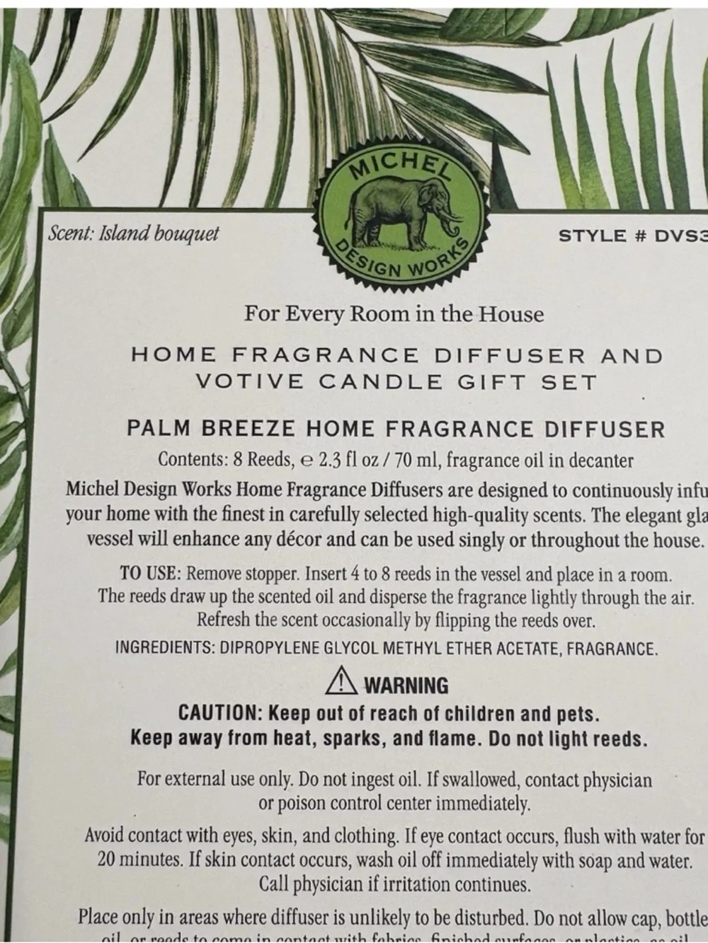 Michele Palm Breeze Home Fragrance Diffuser & Votive Candle Set – Green